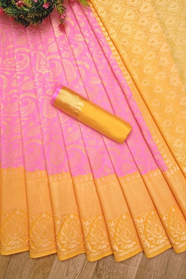 Baby Pink Banarasi Soft Silk Saree with Contrast Yellow Zari Border and Gold Pallu  in Surat