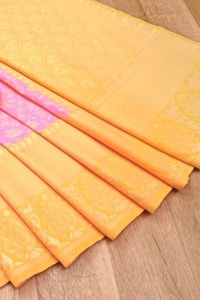Baby Pink Banarasi Soft Silk Saree with Contrast Yellow Zari Border and Gold Pallu  in Surat