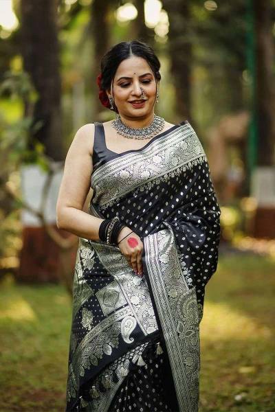 Banarasi Black Saree with Elegant Silver Border and Butta Design in Surat