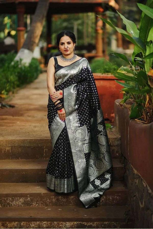 Banarasi Black Saree with Elegant Silver Border and Butta Design  in Surat