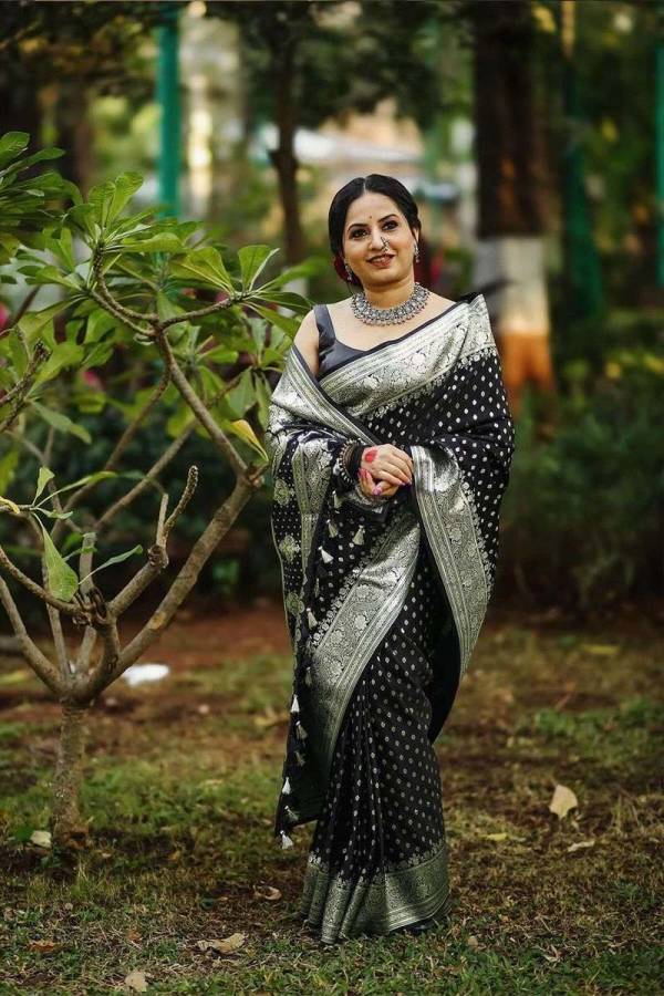 Banarasi Black Saree with Elegant Silver Border and Butta Design  in Surat