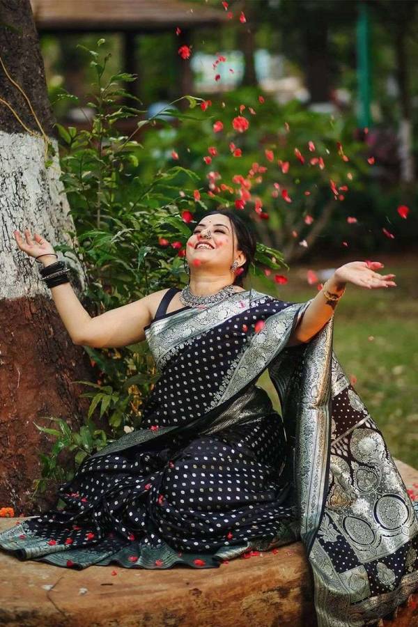 Banarasi Black Saree with Elegant Silver Border and Butta Design  in Surat