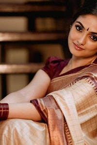 Beige Gold Banarasi Soft Silk Saree with Maroon Brocade Border and Contrast Pallu  in Surat