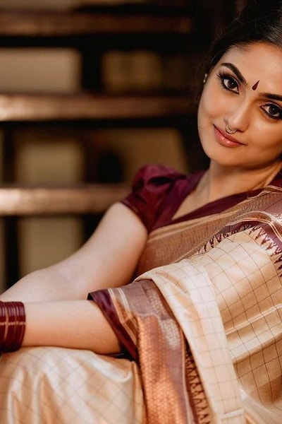 Beige Gold Banarasi Soft Silk Saree with Maroon Brocade Border and Contrast Pallu in Surat