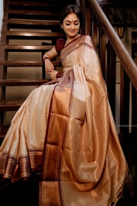 Beige Gold Banarasi Soft Silk Saree with Maroon Brocade Border and Contrast Pallu  in Surat