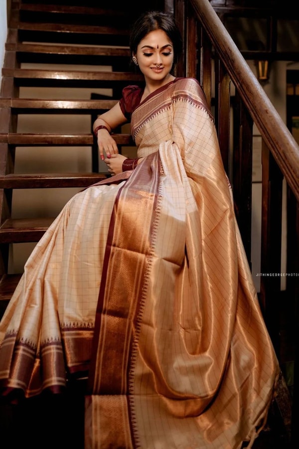 Beige Gold Banarasi Soft Silk Saree with Maroon Brocade Border and Contrast Pallu  in Surat