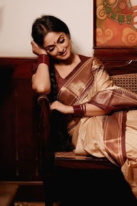 Beige Gold Banarasi Soft Silk Saree with Maroon Brocade Border and Contrast Pallu  in Surat