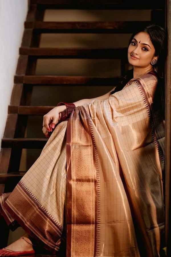 Beige Gold Banarasi Soft Silk Saree with Maroon Brocade Border and Contrast Pallu  in Surat