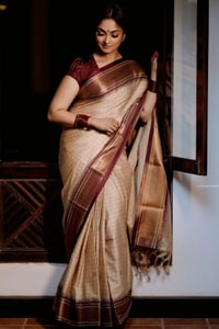 Beige Gold Banarasi Soft Silk Saree with Maroon Brocade Border and Contrast Pallu  in Surat