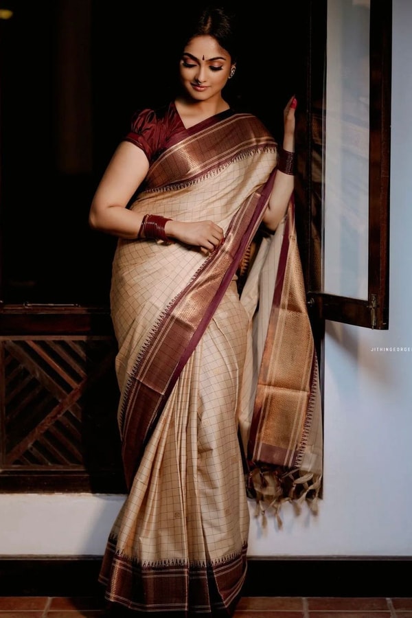 Beige Gold Banarasi Soft Silk Saree with Maroon Brocade Border and Contrast Pallu  in Surat