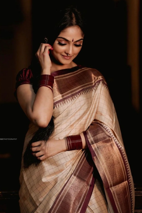 Beige Gold Banarasi Soft Silk Saree with Maroon Brocade Border and Contrast Pallu  in Surat