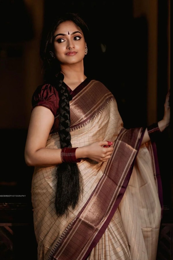 Beige Gold Banarasi Soft Silk Saree with Maroon Brocade Border and Contrast Pallu  in Surat