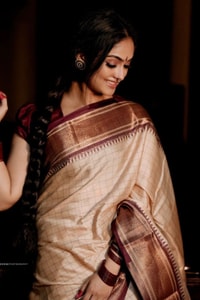 Beige Gold Banarasi Soft Silk Saree with Maroon Brocade Border and Contrast Pallu  in Surat