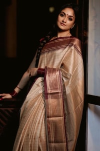 Beige Gold Banarasi Soft Silk Saree with Maroon Brocade Border and Contrast Pallu  in Surat