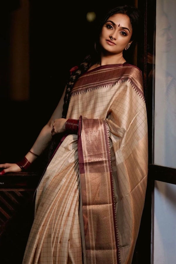 Beige Gold Banarasi Soft Silk Saree with Maroon Brocade Border and Contrast Pallu  in Surat