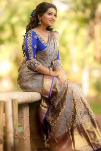 Beige Gold Soft Lichi Silk Saree with Violet Jacquard Border and Running Jacquard Blouse  in Surat