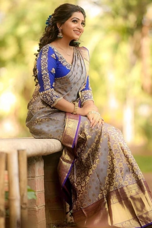 Beige Gold Soft Lichi Silk Saree with Violet Jacquard Border and Running Jacquard Blouse  in Surat