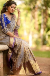 Beige Gold Soft Lichi Silk Saree with Violet Jacquard Border and Running Jacquard Blouse  in Surat