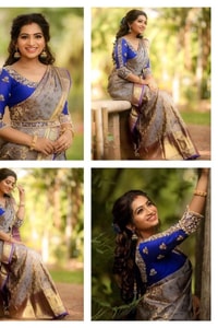 Beige Gold Soft Lichi Silk Saree with Violet Jacquard Border and Running Jacquard Blouse  in Surat