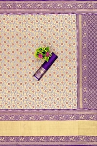 Beige Gold Soft Lichi Silk Saree with Violet Jacquard Border and Running Jacquard Blouse  in Surat