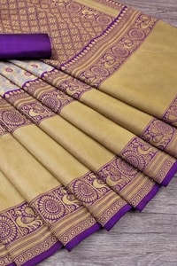 Beige Gold Soft Lichi Silk Saree with Violet Jacquard Border and Running Jacquard Blouse  in Surat