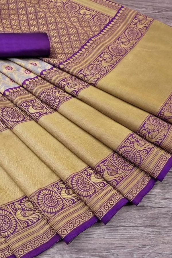 Beige Gold Soft Lichi Silk Saree with Violet Jacquard Border and Running Jacquard Blouse  in Surat