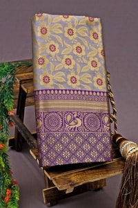 Beige Gold Soft Lichi Silk Saree with Violet Jacquard Border and Running Jacquard Blouse  in Surat