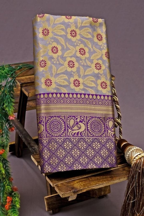 Beige Gold Soft Lichi Silk Saree with Violet Jacquard Border and Running Jacquard Blouse  in Surat