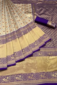 Beige Gold Soft Lichi Silk Saree with Violet Jacquard Border and Running Jacquard Blouse  in Surat