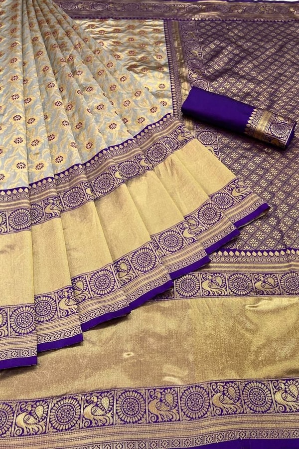 Beige Gold Soft Lichi Silk Saree with Violet Jacquard Border and Running Jacquard Blouse  in Surat