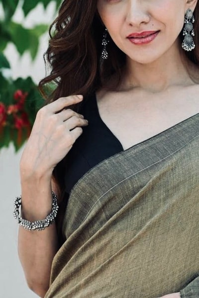 Beige and Black Saree with Bold Black Striped Pallu, Contrast Border and Tassels in Surat