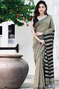 Beige and Black Saree with Bold Black Striped Pallu, Contrast Border and Tassels  in Surat