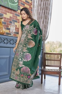 Big Floral Motif Banarasi Soft Silk Saree with Metallic Zari Weaving in Green, Pink and Wine  in Surat