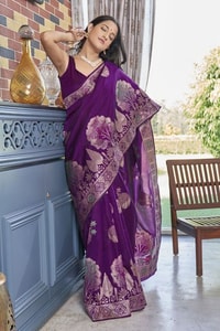 Big Floral Motif Banarasi Soft Silk Saree with Metallic Zari Weaving in Green, Pink and Wine  in Surat
