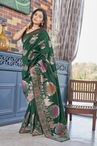 Big Floral Motif Banarasi Soft Silk Saree with Metallic Zari Weaving in Green, Pink and Wine  in Surat