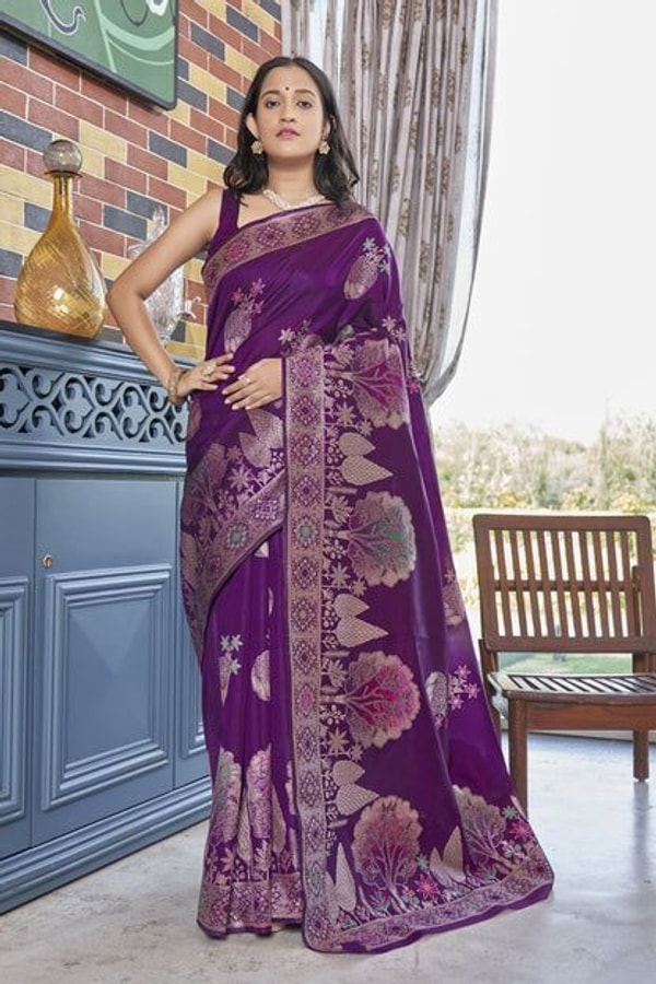 Big Floral Motif Banarasi Soft Silk Saree with Metallic Zari Weaving in Green, Pink and Wine  in Surat