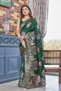 Big Floral Motif Banarasi Soft Silk Saree with Metallic Zari Weaving in Green, Pink and Wine  in Surat