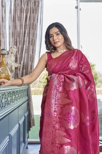 Big Floral Motif Banarasi Soft Silk Saree with Metallic Zari Weaving in Green, Pink and Wine  in Surat