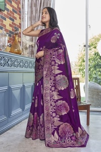 Big Floral Motif Banarasi Soft Silk Saree with Metallic Zari Weaving in Green, Pink and Wine  in Surat