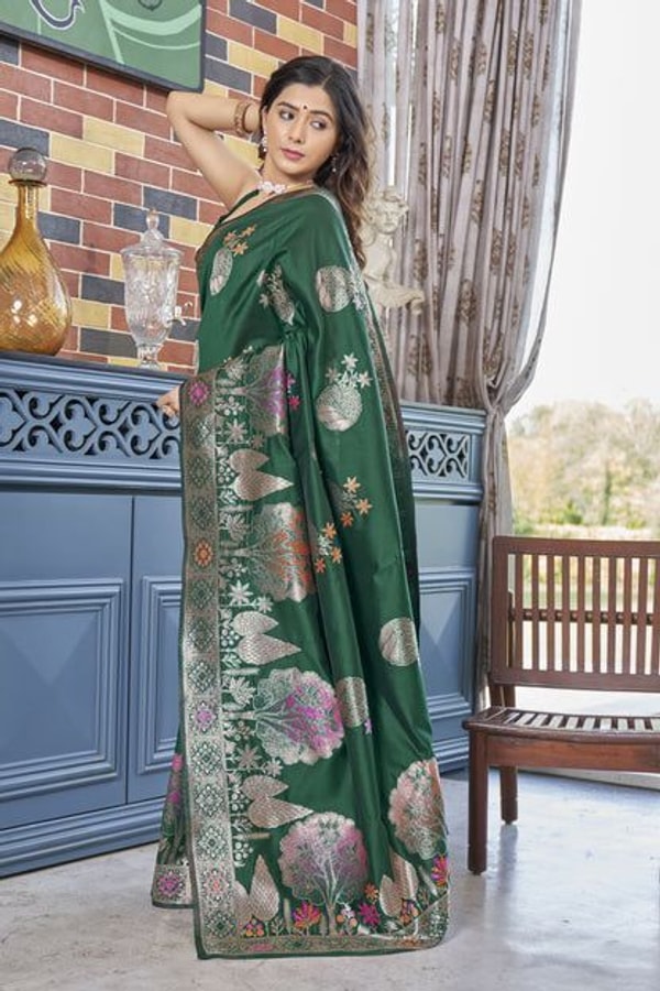 Big Floral Motif Banarasi Soft Silk Saree with Metallic Zari Weaving in Green, Pink and Wine  in Surat