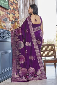 Big Floral Motif Banarasi Soft Silk Saree with Metallic Zari Weaving in Green, Pink and Wine  in Surat