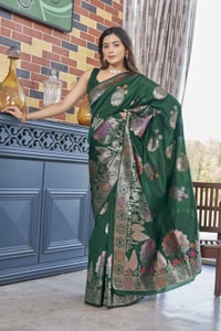 Big Floral Motif Banarasi Soft Silk Saree with Metallic Zari Weaving in Green, Pink and Wine  in Surat