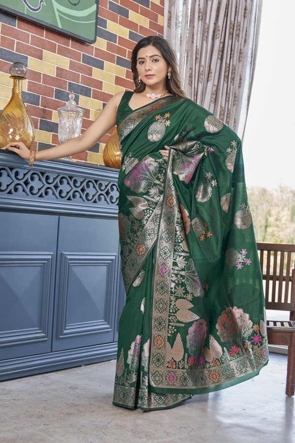 Big Floral Motif Banarasi Soft Silk Saree with Metallic Zari Weaving in Green, Pink and Wine  in Surat