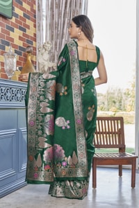 Big Floral Motif Banarasi Soft Silk Saree with Metallic Zari Weaving in Green, Pink and Wine  in Surat