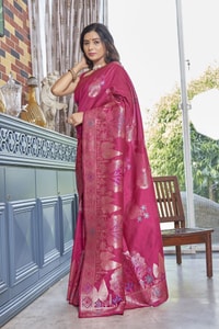 Big Floral Motif Banarasi Soft Silk Saree with Metallic Zari Weaving in Green, Pink and Wine  in Surat