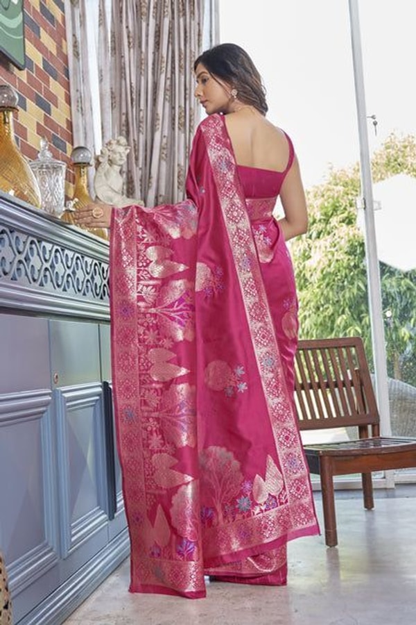 Big Floral Motif Banarasi Soft Silk Saree with Metallic Zari Weaving in Green, Pink and Wine  in Surat