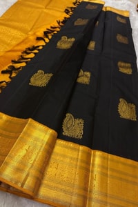 Big Gold Butta Banarasi Soft Silk Saree with Contrast Pallu in Black, Green and Wine  in Surat