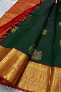 Big Gold Butta Banarasi Soft Silk Saree with Contrast Pallu in Black, Green and Wine  in Surat