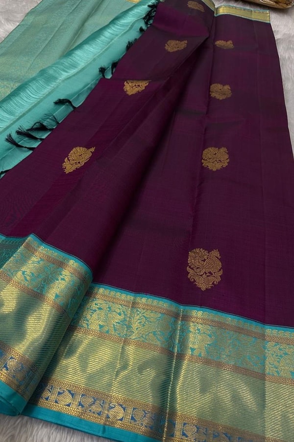 Big Gold Butta Banarasi Soft Silk Saree with Contrast Pallu in Black, Green and Wine  in Surat