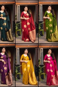 Big Gold Coin Butti Banarasi Soft Silk Saree with Brocade Pallu in Six Festive Shades  in Surat